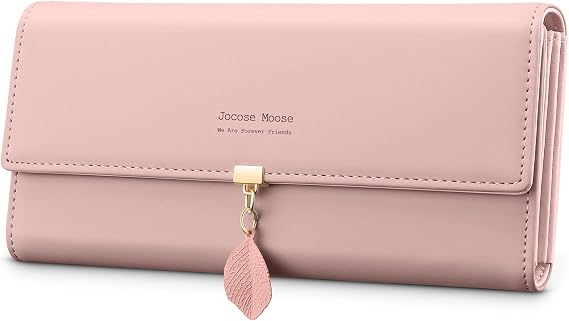 Women's Leather Wallet, Coin Purse Large Checkbook Wallet with Card Holder Pendant Leaf Zip Pocket for Phone, B-Rosa, M, B-rosa, M