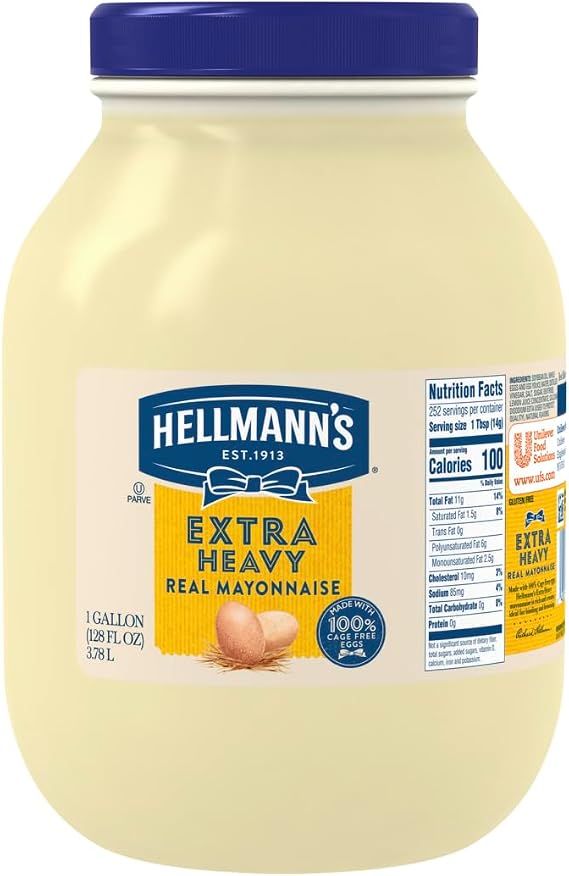 Hellmann's Extra Heavy Mayonnaise Jar, Extra Egg Yolk, Condiment for Sandwiches, Salads, Mayo Made with 100% Cage Free Eggs, Gluten Free 1 gallon 128 oz, Pack of 1