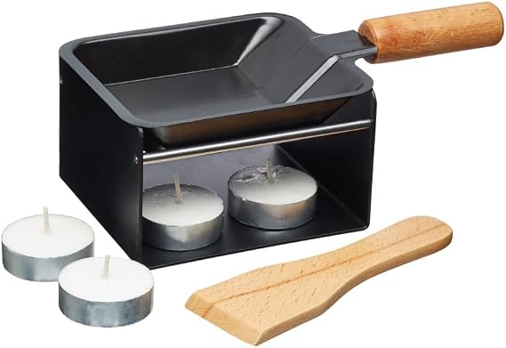 Artesà Mini Raclette Grill Cheese Individual Set for 2, Small Iron Cheese Fondue Melter, Metal Rack with Non Stick Pan, Wooden Spatula and 2 Candles