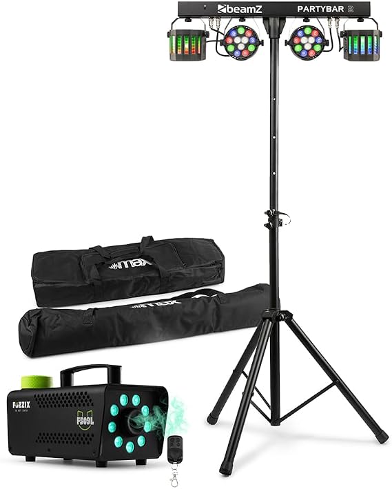 Beamz Max Partybar2 DJ Light Bar Disco Package with Stand, DMX Control, Sound Activation, Fog Machine & Protective Case – Portable Partybar for Events, DJs & Performances [Energy Class G]