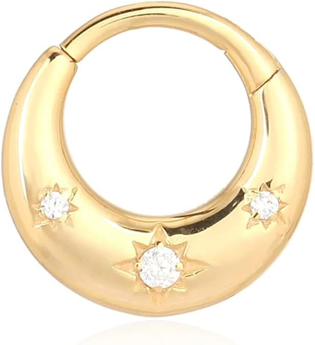 Lantine 8mm Moon Septum Ring Cz Sun Daith, Helix, Tragus Rook Piercing Jewelry 925 Sterling Silver 16G Hinged Clicker Cartilage Hoops Earrings