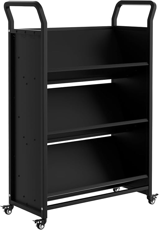 Book Cart, V-Shaped Metal Rolling Cart With 4 Lockable Wheels & Side Hooks, 3-Tier Storage Bookshelf for Home Library School Office Study(32''x14''x49''), Black