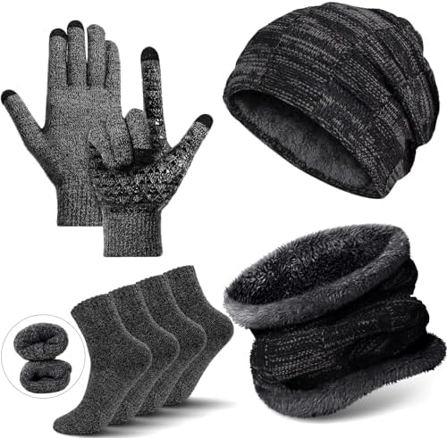 Winter Fleece Lined Beanie Hat Scarf Sock Touchscreen Gloves Set for Men Women