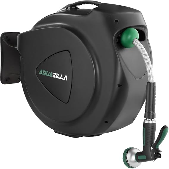 Retractable Garden Hose Reel, 120Ft x 1/2" Durable Wall Mounted Water Hose Reel with 180aSwivel Bracket, 9 Pattern Sprayer, 6Ft leader hose, Smooth Automatic Rewind, Any Length Lock.