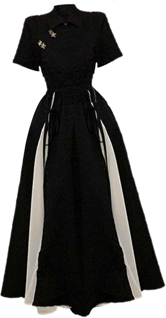 Women's Cheongsam Maxi Dress Traditional Chinese Qipao Dress A Line High Waist Stretch Design Short Sleeve Summer Travel Outfit- Medium