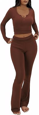 FAIRY SEASON Womens 2 Piece Lounge Sets Slim Fit V Neck Long Sleeve Top Fold Over Yoga Flare Pants Pajamas Loungewear Outfits