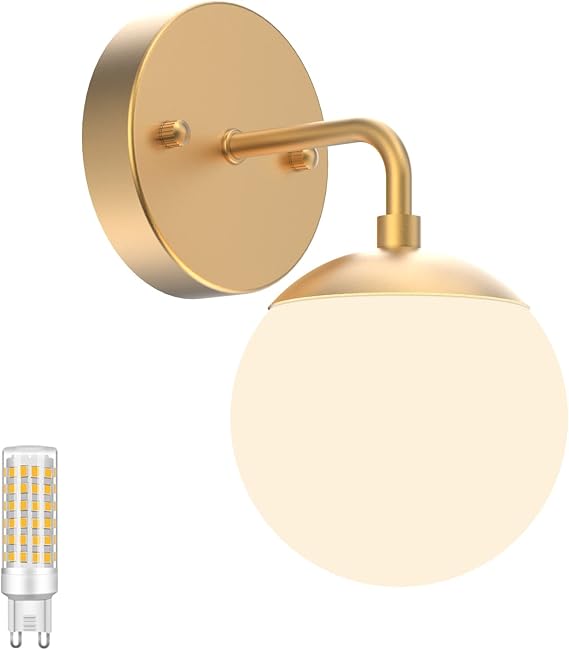 Tipace Gold Wall Sconce 1 Light,Mid Century Modern Globe Wall Sconce, Gold Wall Light for Restaurant Living Room Bedside Stairs Bathroom Mirror(3000K G9 Bulbs Include)