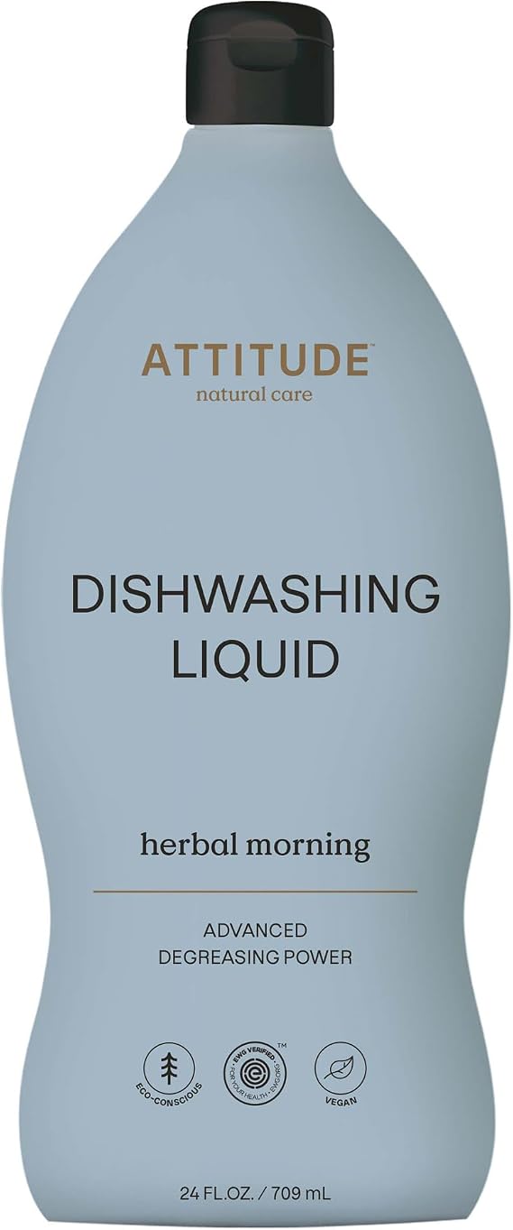 ATTITUDE Dish Soap, EWG Verified, Plant-Based & Vegan Dishwashing Liquid, Naturally Derived, Italian Lemon Scent, 24 Fl Oz