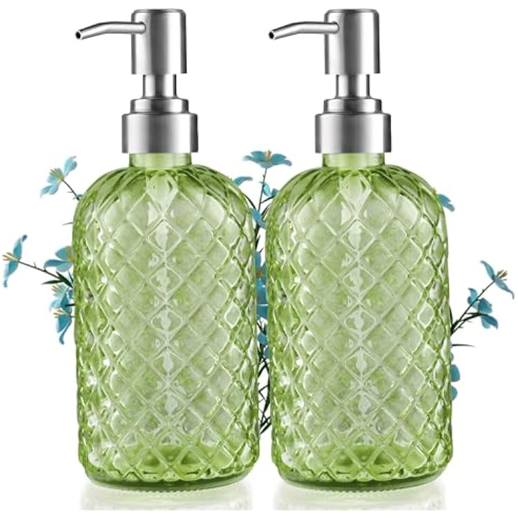 14 Oz Refillable Glass Soap Dispenser with Rust Proof Stainless Steel Pump, for Dispense Hand soap, Body wash, Lotion 2pack Green
