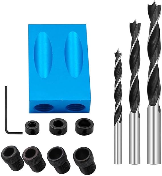 SEIWEI Pocket Hole Jig Kit Aluminum Alloy Woodworking Inclined Hole Jig 15 Degree Oblique Hole Locator with 6/8/10mm Drill Drive Adapter for DIY Household Projects, Woodworking(14 Pcs)