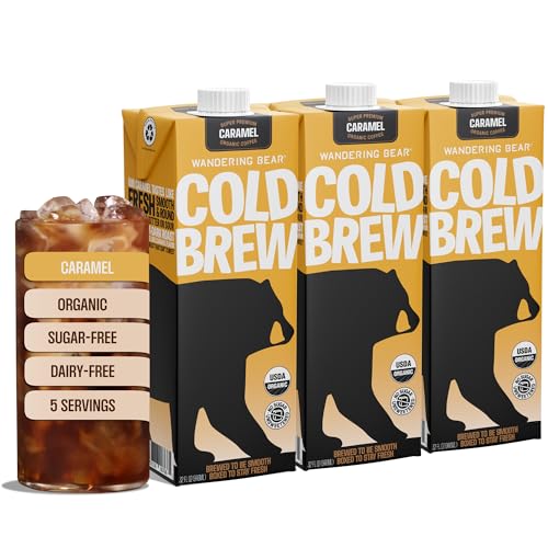 Wandering Bear Organic Caramel Cold Brew Coffee - Strong, Bold, Smooth, Unsweetened, Shelf-Stable, Ready to Drink, Gluten Free, Vegan Iced Cold Brewed Coffee Drink - 32 fl oz, 3 pack