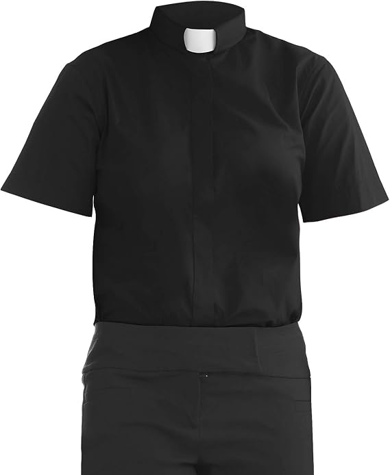 Women's Short Sleeves Tab Collar Clergy Shirt - Black