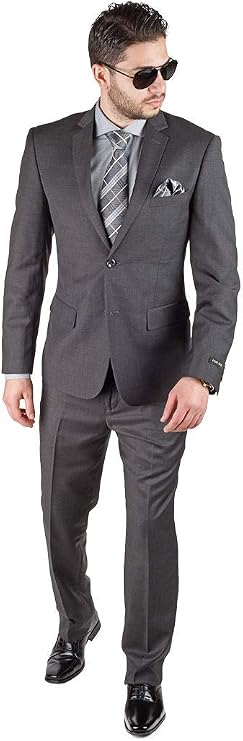 Slim Fit Men Suit 2 Button Dark Grey Notch Lapel Flat Front Pants