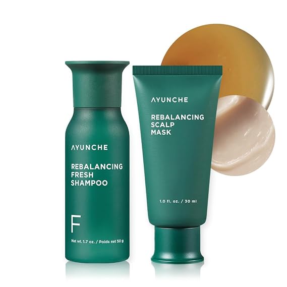 AYUNCHE Fresh Rebalancing Shampoo 1.76oz + Rebalancing Hair Mask Mini Kit 1oz [For Oily Scalp] | Cleanse Excess Sebum | Strengthen Hair Roots | Anti-Thinning Shampoo | Korean Salon Brand