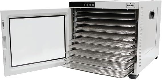 MEAT! Food Dehydrator with 6 Stainless Steel Trays, 10 Hour Runtime, Digital Thermostat, Included Drip Tray, For Dehydrating Meat, Food Processing, and Kitchen (10 Tray)