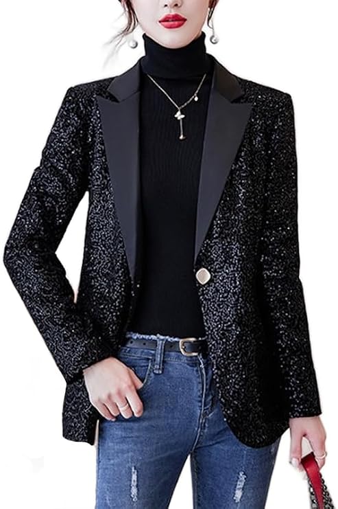 Sequins Blazers for Women Petite Office Business Casual Shiny Suit Jacket for Holiday Party JNZJK001
