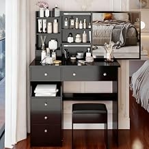 36.3" Vanity Desk with Mirror, Compact Vanity Set with Cushioned Stool, Makeup Vanities Table with Sliding Mirror Cabinet, 6 Drawers and Open Storage Shelves for Bedroom, Black 36.3inch