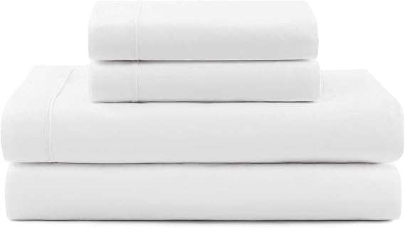 Tommy Hilfiger - Sheet Set, Cotton Percale Bedding with Matching Pillowcases, Crisp & Cool, Solid Design with Hem Stripe (White, Full)