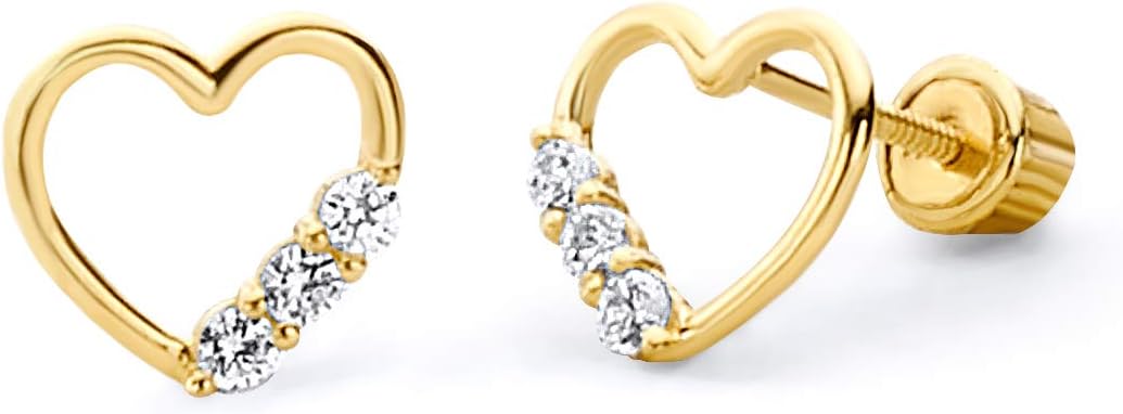 14k REAL Yellow Gold Cut-Out Heart Stud Earrings with Screw Back