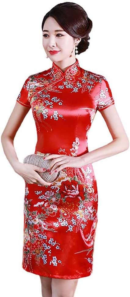 Short Cheongsam Crane Printed Mandarin Collar Side Split Above Knee Dress Chinese Traditional Costume
