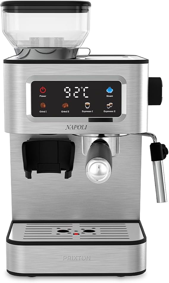 PRIXTON Napoli Espresso Maker with Built-in Grinder 22 Levels, 20 Bars, 1350W, Double Output Filter, Adjustable Steamer, Compatible with Coffee Beans, Grinds and Capsules