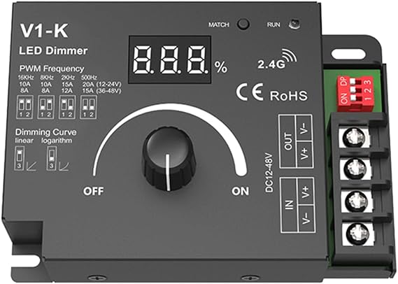 V1-K 20A Rotary LED Dimmer, PWM Controller 12-48V DC with Digital Display, 0-100% Flicker-Free Smooth Dimming, with Aluminum Housing, for Long LED Strip Runs