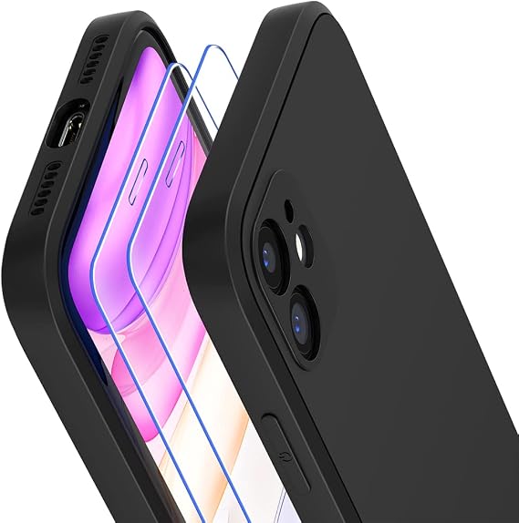 Case for iPhone 11 with 2 x Tempered Glass Screen Protector, Liquid Silicone iPhone 11 Case Soft TPU Slim Gel Rubber, Shockproof Anti-Scratch Bumper Phone Case Cover for iPhone 11, Black