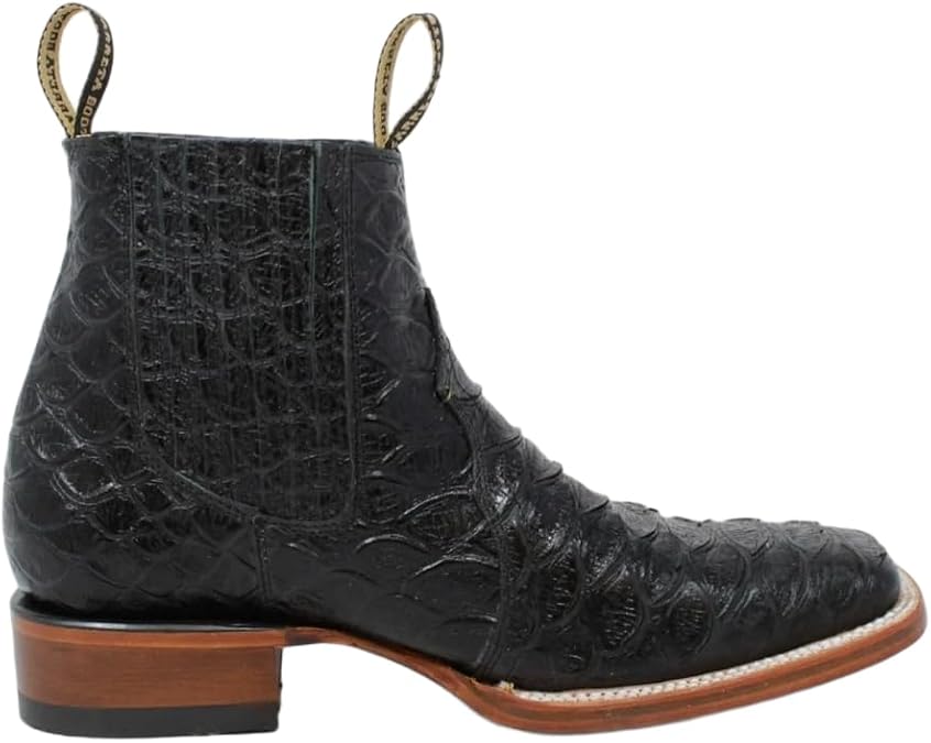 Mens Genuine Leather Square Toe Embossed Jumbo Python Snakeskin Print Short Ankle Cowboy Boots - Black