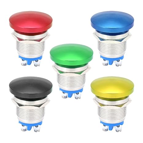 16mm 19mm 22mm Mushroom Type Colour Metal Push Button Switch Waterproof Self-Reset Welding Pin(Black,16mm)