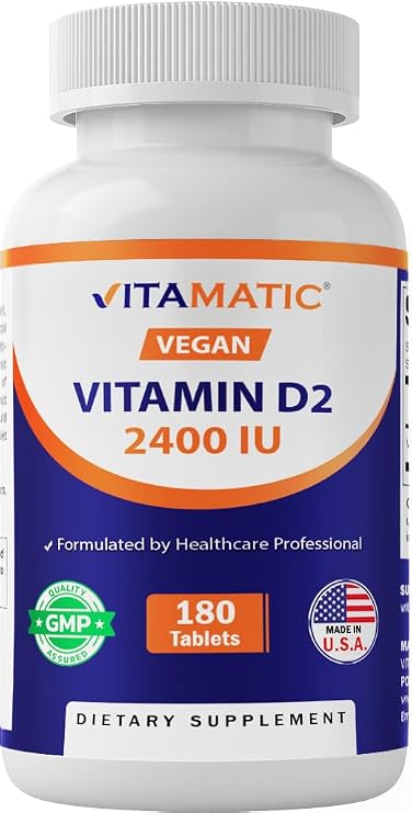 Vitamatic Vegan Vitamin D2 2400 IU Tablets, 180 Count, Made in USA