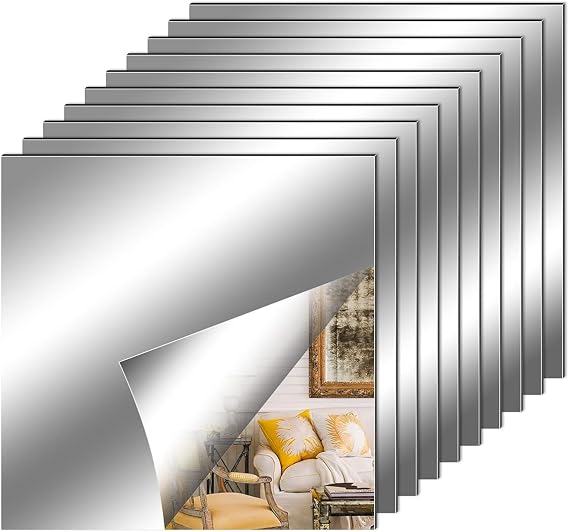 Fantasyon 10 Pieces Flexible Mirror Sheets, Self Adhesive Decorative Plastic Mirror Tiles Non-Glass Mirror Stickers for School Educational and Home Wall Decor(12x12 Inch)