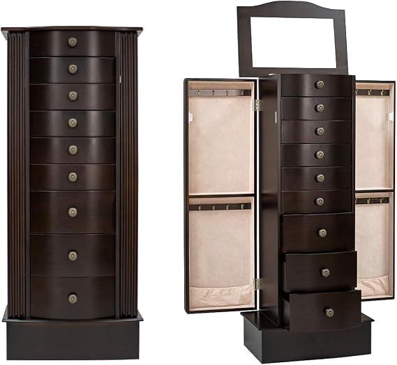 Large Jewelry Armoire Standing Jewelry Cabinet Wooden Jewelry Box Cambered Front Ring Necklace Storage Organizer with Top Flip Makeup Mirror Retro Jewelry Chest for Women (Floor fashion)