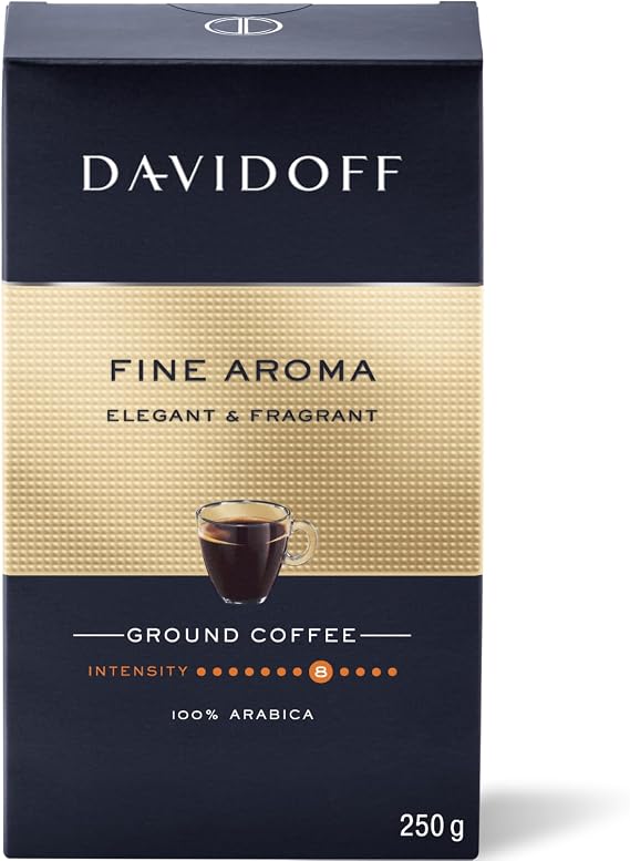 Davidoff Fine Aroma Ground Coffee – 100% Arabica, Intensity 7, Roast Level 6, Smooth & Elegant with Delicate Fruity Notes – Vacuum-Packed 250g – Premium European Roast