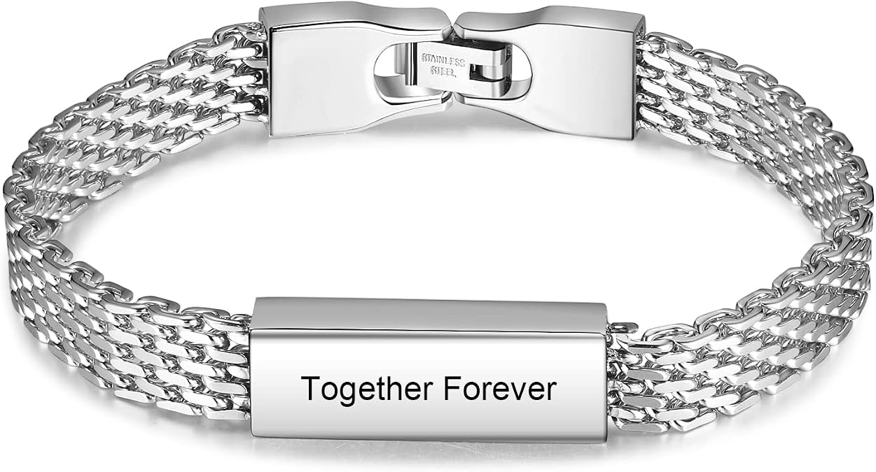 JewelOra Personalized Bracelet for Men Stainless Steel Custom Engraved Text Link Bracelet Gift for Father Husband Son Boyfriend