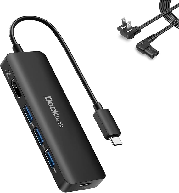 Dockteck USB-C Multiport Adapter 5-in-1 with 4K HDMI, 100W Power Delivery, 3 USB 3.0 Data Port Bundle with CableCreation 10 Feet 18 AWG Angled 2-Slot Non-Polarized Angle Power Cord