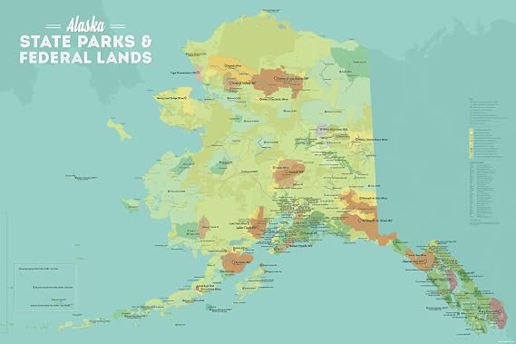 Alaska State Parks & Federal Lands Map 24x36 Poster (Green & Aqua)