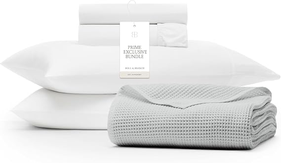 BOLL & BRANCH Waffle & Signature Prime Exclusive Bundle - 1 Sheet Set, White, Queen - 1 Waffle Blanket, Shore, Full, Queen- 100% Organic Luxury Cotton