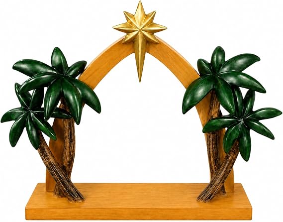 Comfy Hour 11" Nativity Stable with Star and Palm Trees, Rustic Wood Look Creche for Christmas Figurines, Indoor Religious Manger Scene Backdrop, Holiday Home Desktop Decor Accent, 1 Unit