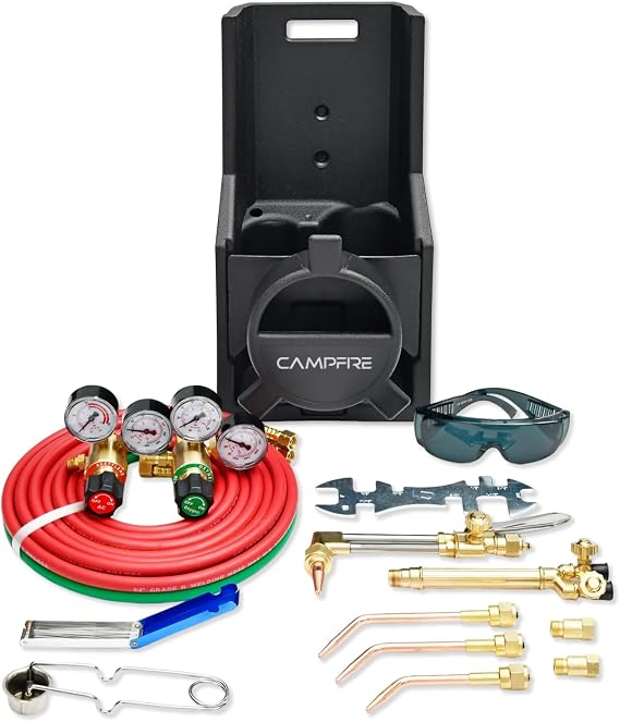 CAMPFIRE Medium Duty Oxy Acetylene Torch Kit V Series Welding Cutting Outfit Fits CGA 540 Oxygen CGA 200 Acetylene Tanks Portable Tote Kit with Dual Regulators 2 Tips, No Tanks