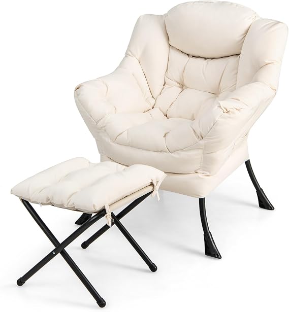 RELAX4LIFE Lazy Chair with Ottoman, Modern Accent Contemporary Sofa Chair with Folding Footrest & Side Storage Pocket, Lounge Leisure Sofa Armchair for Bedroom Living Room Office (Beige)
