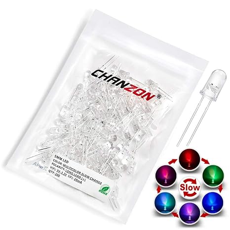 CHANZON 100 pcs 5mm RGB Multicolor Slow Blinking (Multi Color Changing) Dynamics LED Diode Lights (Flashing Round DC) Bright Lighting Bulb Lamps Electronics Components Flicker Light Emitting Diodes