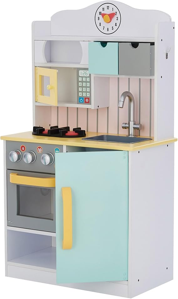 Teamson Kids Little Chef Florence Classic Interactive Wooden Play Kitchen with Accessories and Storage Space for Easy Clean Up, White with Mint Green and Yellow Accents