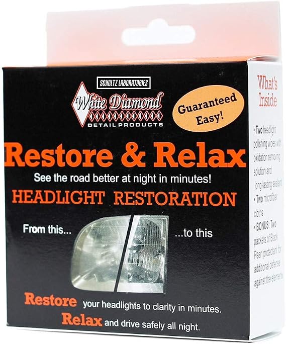 White Diamond Restore & Relax Headlight Restoration Kit - Easy, Tool Free Car Light Restorer - With Polish & Oxidation Cleaner Wipes, Microfiber Cloths, Bonus Gift of Black Pearl Protectant