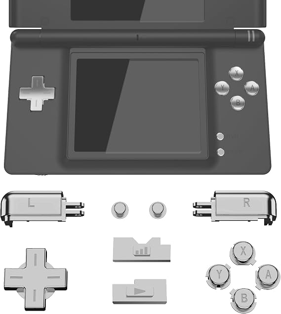 eXtremeRate Chrome Silver Replacement Full Set Buttons for Nintendo DS Lite Handheld Console, Custom D-pad A B X Y Start Select R L Power Volume Keys for Nintendo DS Lite NDSL - Console NOT Included