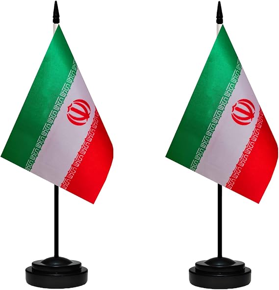 Iran Iranian Small Mini Desk Flag Set Miniature Iran Iranian Table Office Flag with 13" Black Pole, Black Base, Miniature Iran Deluxe Desktop Flag(2 Pack)