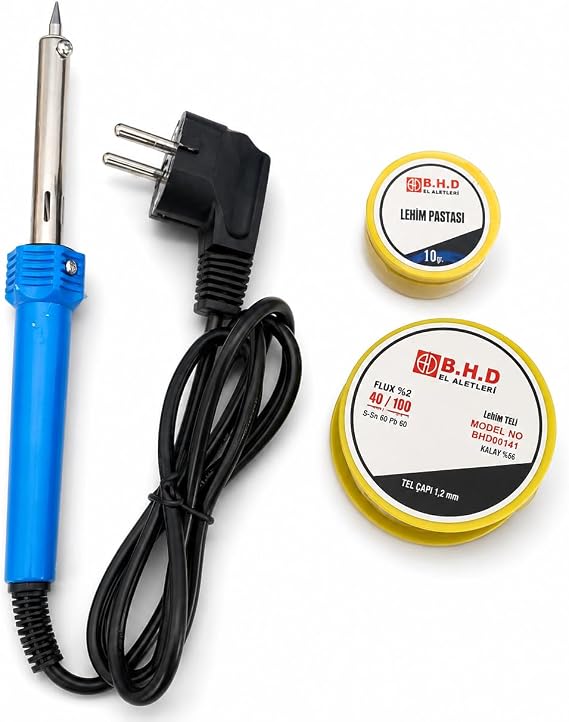 B.H.D Elektrikli 60W Havya Lehim Seti, İnce Uçlu Lehimleme Kalemi, Lehim Teli ve Lehim Pastası Dahil, Elektronik Devre Kartı, Kablo, Hoparlör ve Hobi Tamiri İçin Profesyonel Lehimleme Kiti