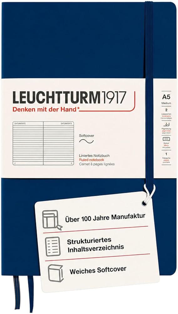 LEUCHTTURM1917 362840 Notebook Medium (A5) Softcover 123 Numbered Pages Navy Blue Lined