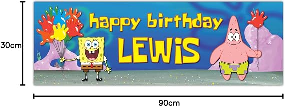 SpongeBob Birthday - SpongeBob And Patrick Balloons Personalised Banner Wall Sticker (180cm width x 60cm height)