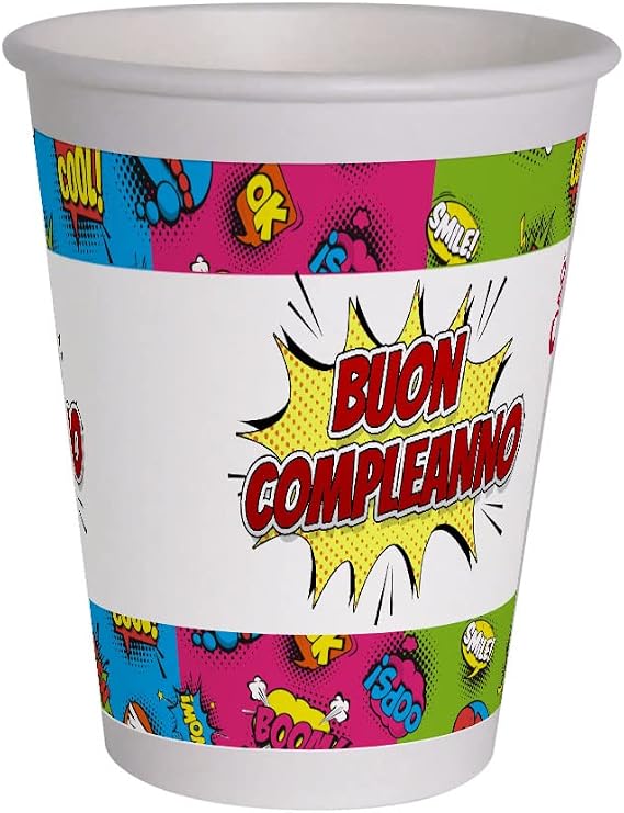 Ciao - Compostable Paper Cups Happy Birthday Comics (250ml), 8 Pieces, Multicolor, 34759