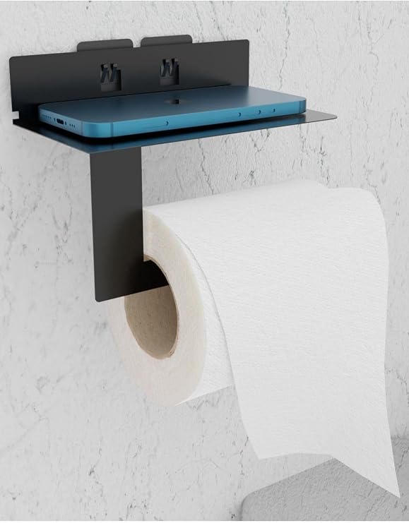 Risingmaber Metal Siyah Ultra Güçlü Yapışkanlı Telefon Tutacaklı Tuvalet WC Kağıtlık MT92S